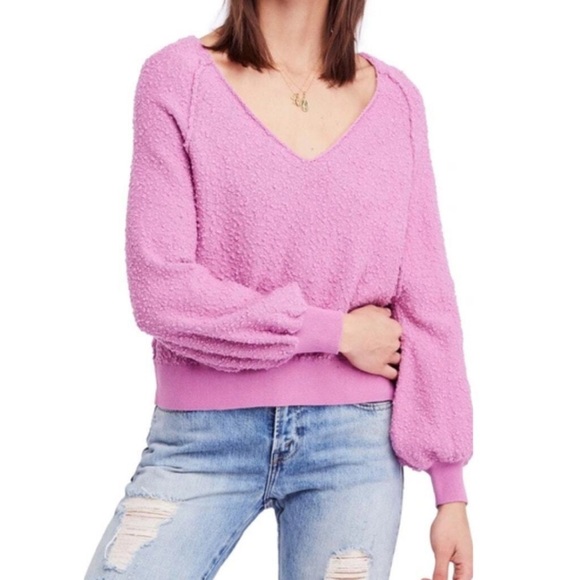 FREE PEOPLE Found My Friend Bouclé Pullover Sweater | LG | Orchid | V-Neck Knit - Picture 1 of 9